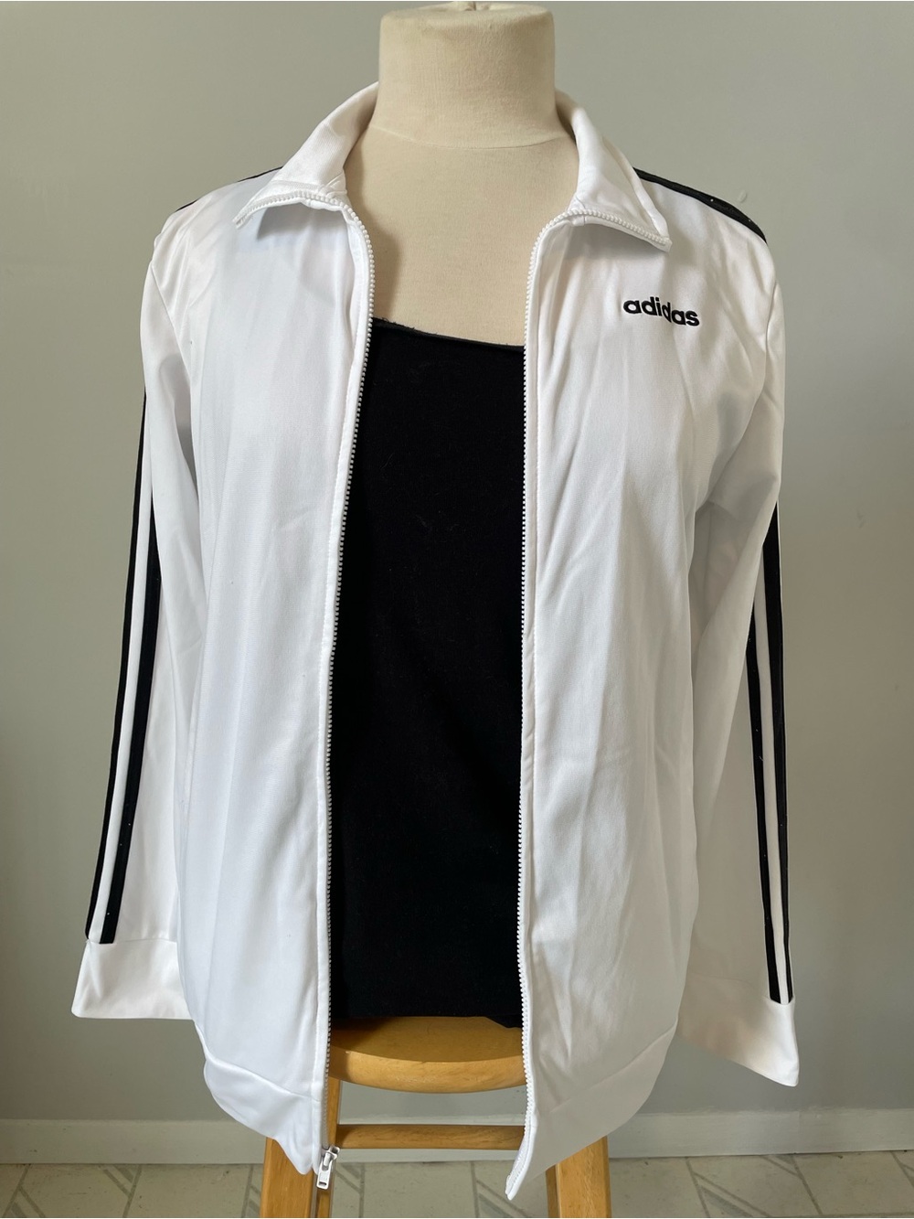 adidas White full zip Track Jacket with 3 Black stripes size Large